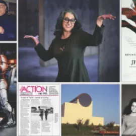 Collage of photo of Maura Gast, with her arms outstretched, with vintage photos of Irving's film studio history.