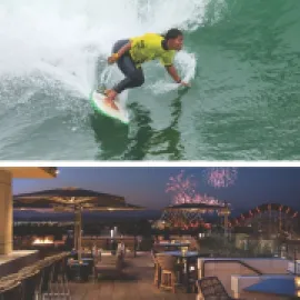 Photo of a surfer in a yellow shirt above and RISE rooftop restaurant with fireworks in the background on the bottom.