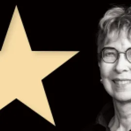 Illustration of a large star on the left and photo of Patricia Sharpe on the right.