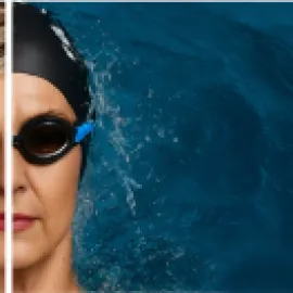 Photo illustration of Deborah Gardner, with one side of her face in as a typical headshot and the other wearing swimming goggles, with blue water to the right.