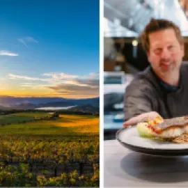 Split photo with a winery on the left and a man serving an entree on the right.