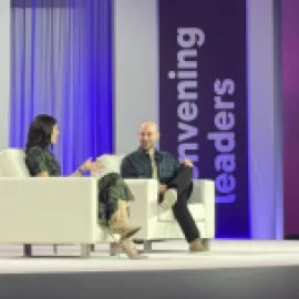 Australian business event leader Holly Ransom (left) leads a seated discussion with Adam Grant (right)