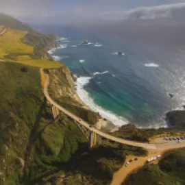 Aerial photo of California Highway 1 and the Bixby Creek Bridge.