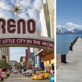 Photo collage with the Reno sign and classic cars on the left and a dock jutting out into Lake Tahoe on the right.