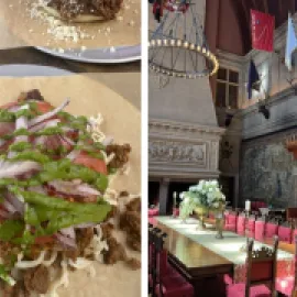 Photo of an arepa (left) and the Biltmore House dining room.