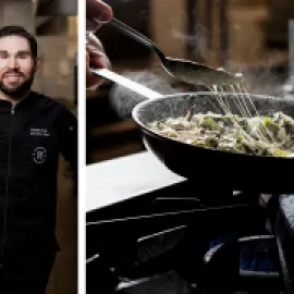 David Ruiz (left) and the preparation of risotto in a pan. 