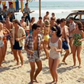 Gemini-generated AI image of people dancing to a band at a beach party.