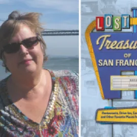 Split image of author Maria Lenhart and the cover of her book "Lost Treasures of San Francisco."
