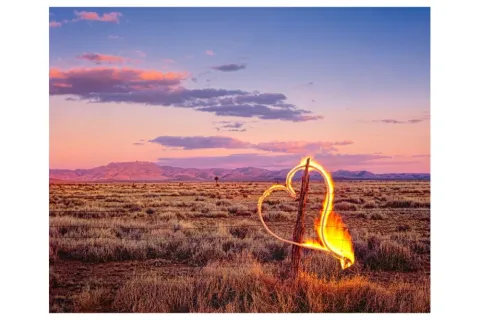 Taken for a Texas Highways series on small Texas towns, this flaming heart reflects the spirit of Valentine in West Texas, where every year, the local post office is overwhelmed with Valentine postcards destined to loved ones all over the U.S. by people pursuing the official Valentine, TX stamp.    