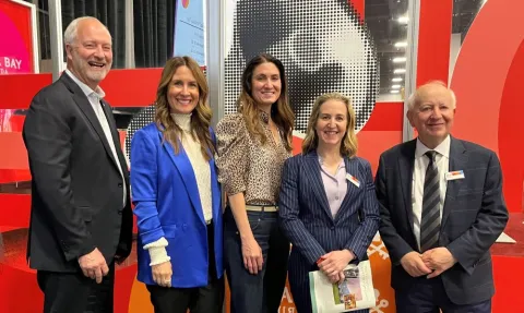 IMEX 2025 major stakeholders. From left: Steve Hill, Las Vegas Convention and Visitors Authority; Stephanie Glanzer, MGM Resorts International; Rachel Benedick,  MPI; Carina Bauer, IMEX; Ray Bloom, IMEX. Credit: Taylor Smith.