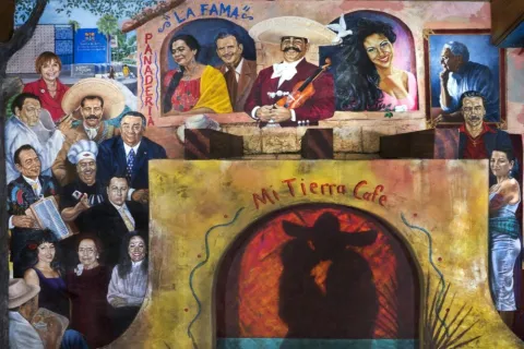 A section of Mi Tierra’s iconic “American Dream” mural featuring famed Latino leaders and figures.