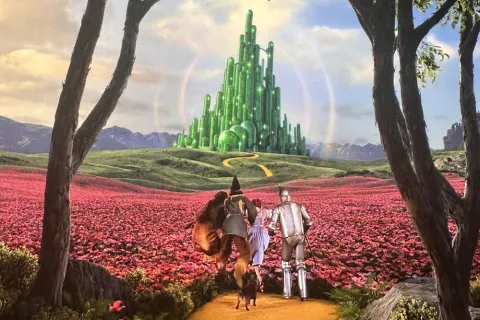 Dorothy and friends follow the Yellow Brick Road during the Wizard of Oz experience at the Sphere.