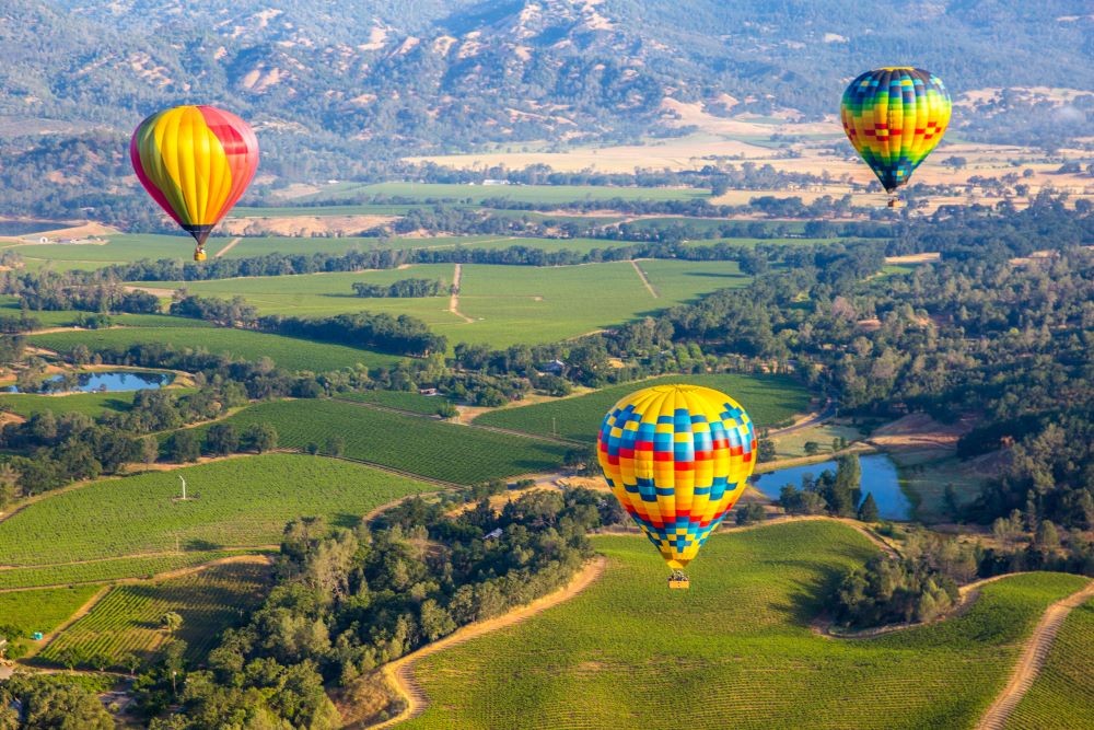 Hot air balloons flying over California's Napa Valley