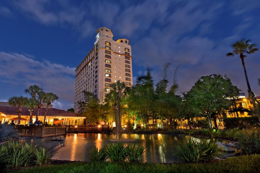 Exterior shot at night of DoubleTree by Hilton Orlando at SeaWorld