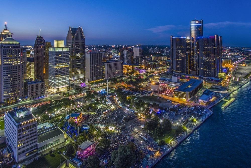 Hart Plaza at night with skyline