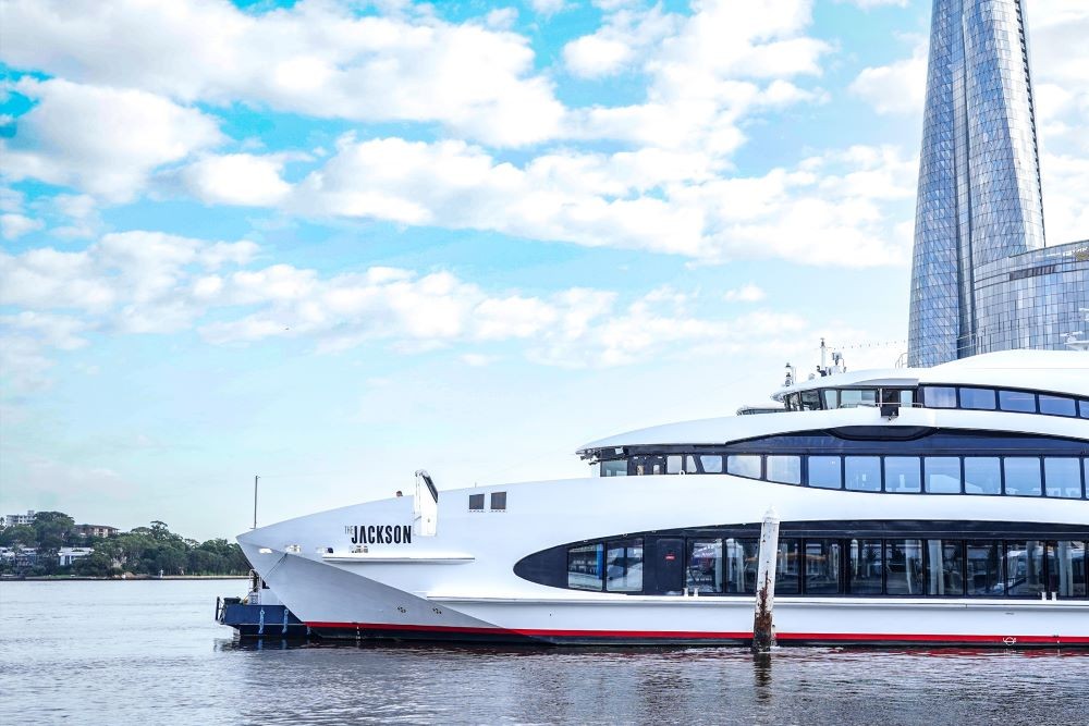 Exterior of The Jackson, a new super yacht that can host groups on Sydney Harbour