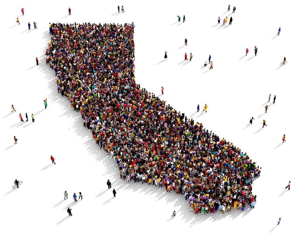 Graphic of shape of California made up of diverse people.