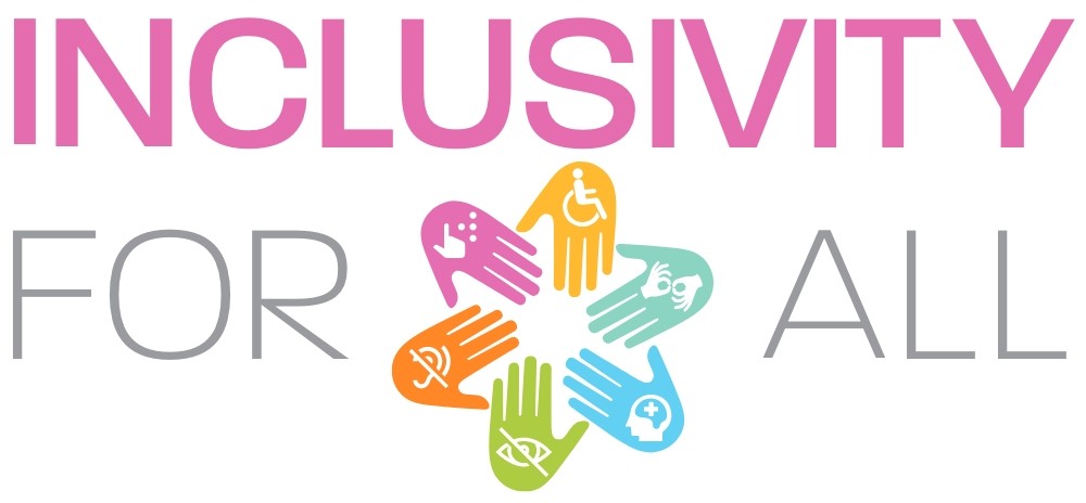 Graphic that reads Inclusivity for All with a rainbow-colored flower made of hands.