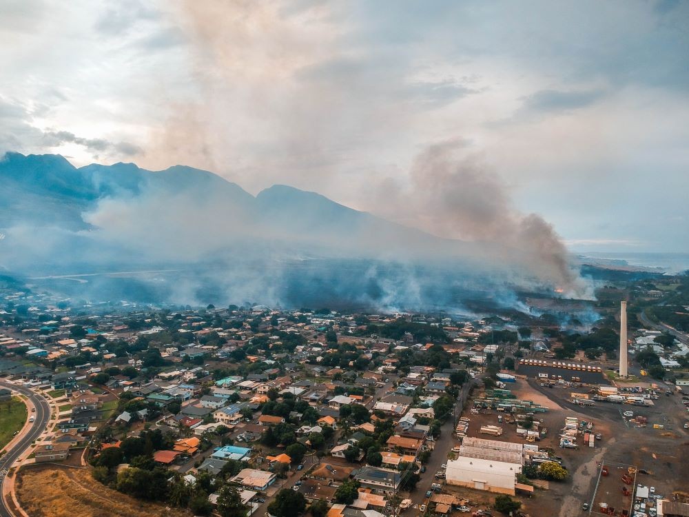 Image of Lahaina, Maui, burning during Maui wildfires.