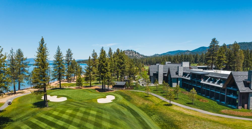 Aerial view of Edgewood Tahoe Resort and its golf course