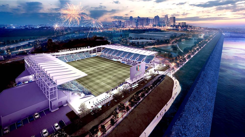 KC Current Stadium riverfront aerial rendering