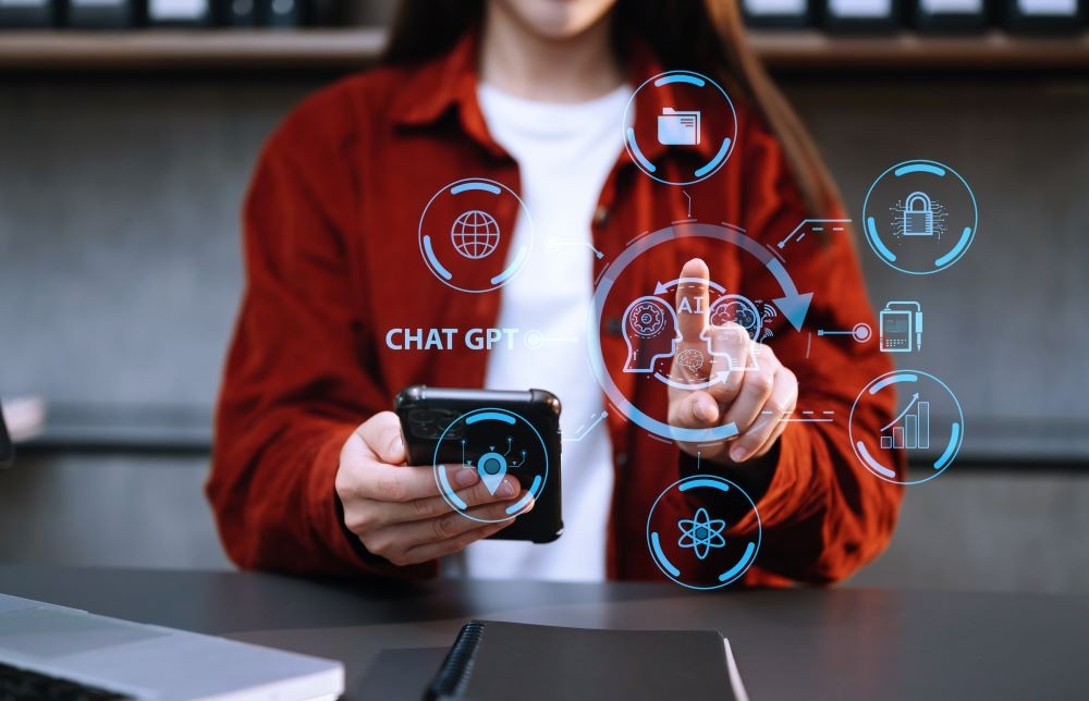 Photo of a woman with virtual reality technology overlays in front of her.