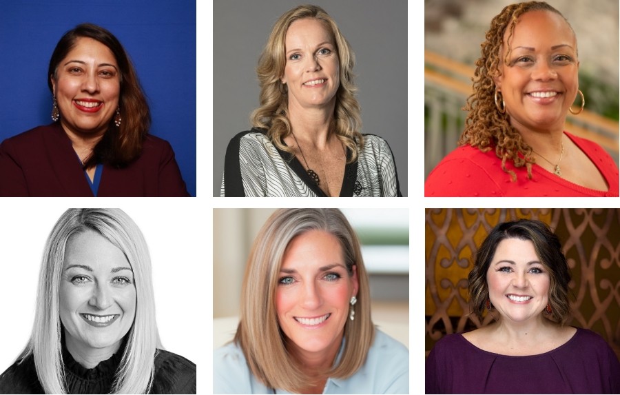 Headshots of Ishma Haider (top left), Louise Bang (top center), Dominique Bonds (top right), Janet Dell (bottom left), Marsha Flanagan (bottom center), and Tammy McCormick (bottom right)