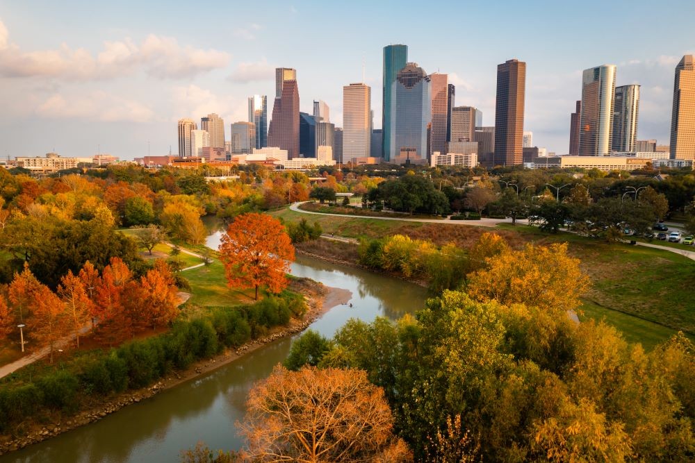 Buffalo Bayou Park and Houston skyline. 