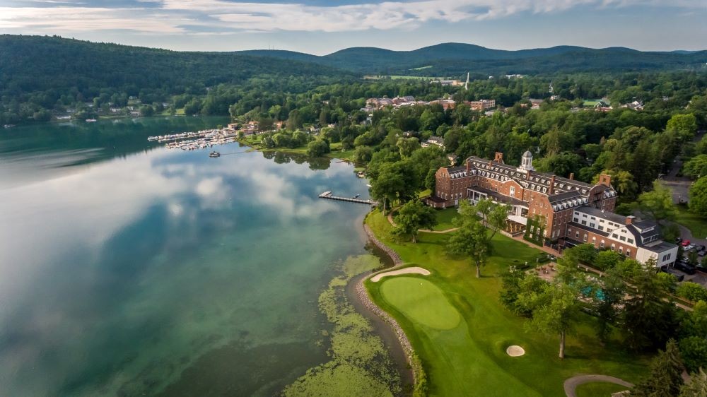 The Otesaga Resort and Otsego Lake aerial view