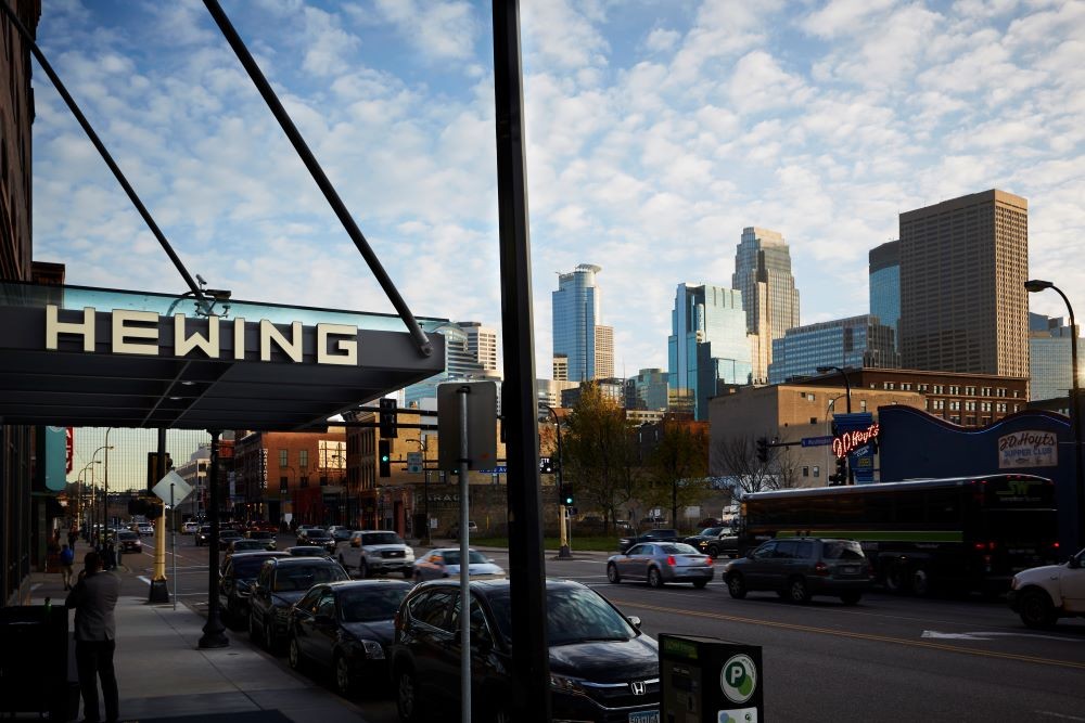 View of the Minneapolis skyline from the Hewing Hotel entrance.