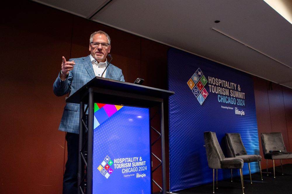 Tim O'Malley welcomes attendees to 2024 Hospitality & Tourism Summit Chicago
