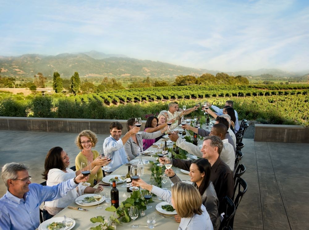 Photo of people gathered at a table for a meal, toasting each other with vineyards in the background.