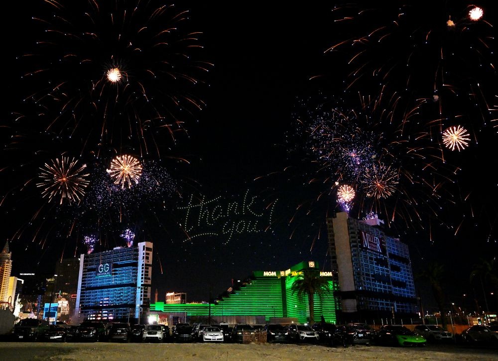 Tropicana implosion fireworks and drones