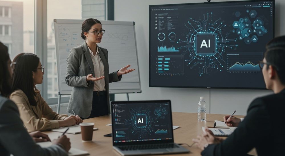 AI-generated image of a woman demonstrating AI to people seated at a conference table.
