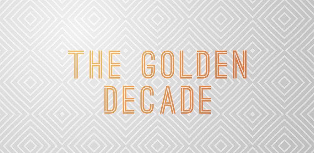 A graphic featuring the test The Golden Decade in orange over a textured white and gray background.