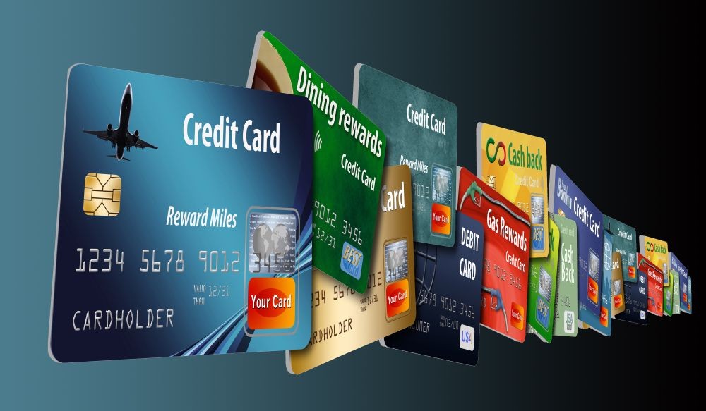 Graphic of airline credit cards in a line.