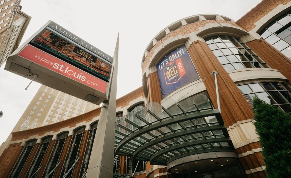 Exterior of America's Convention Complex with MPI WEC signage on the marquee.