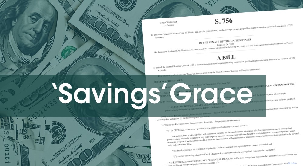 Image of a senate bill with the words 'Savings' Grace over it, with a background of 100-dollar bills.