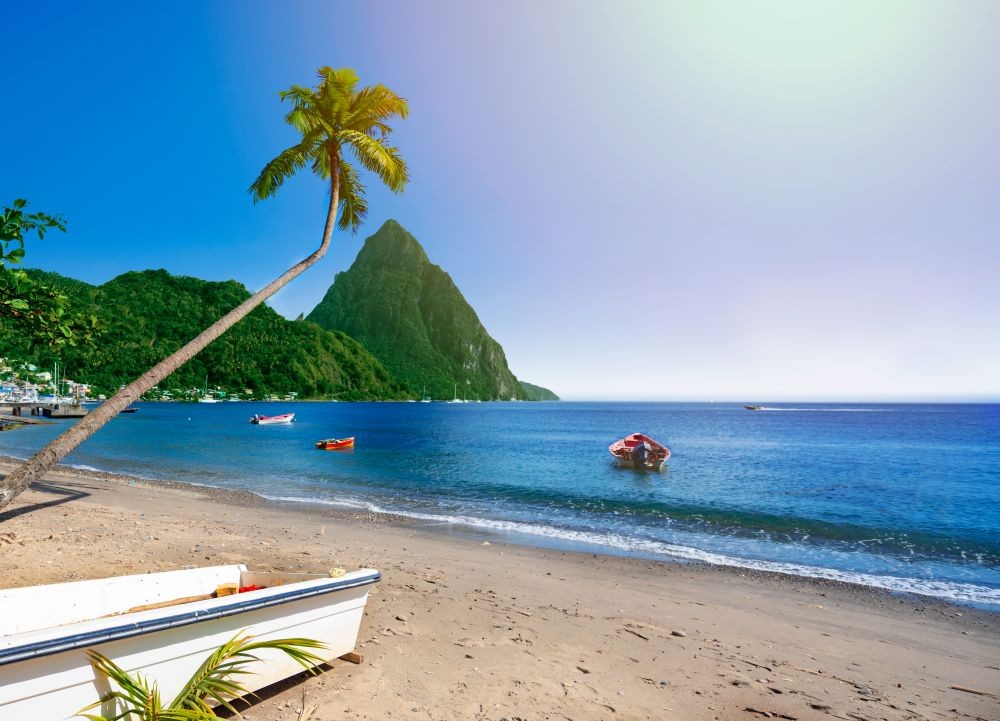 Beach and Pitons, Saint Lucia.