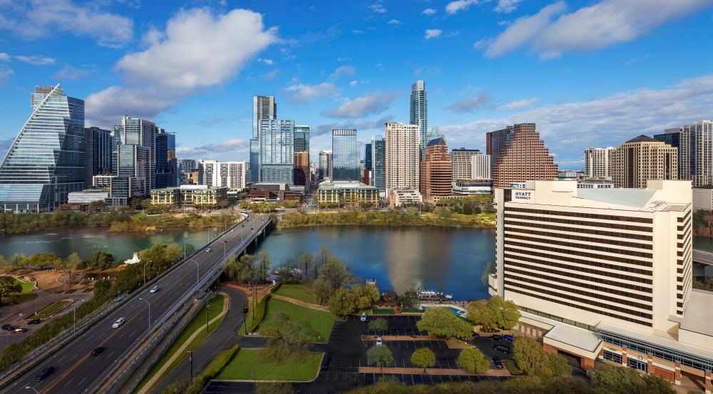 Aerial with Hyatt Regency Austin