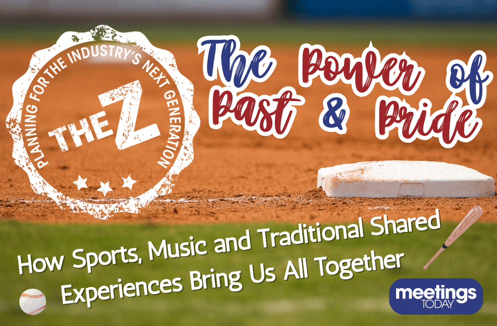 The Z logo and a headline reading The Power of Past and Pride, How Sports, Music and Traditional Shared Experiences Bring Us All Together are written over a close-up photo of a white-canvas bag at first base