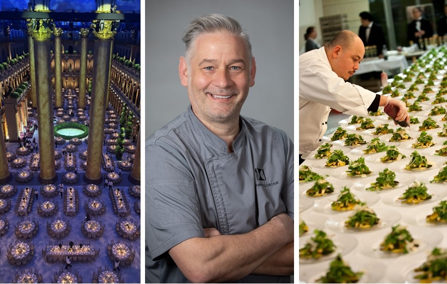 Triptic photo of Landmark Experiences food settings with chef John Haywood in the middle