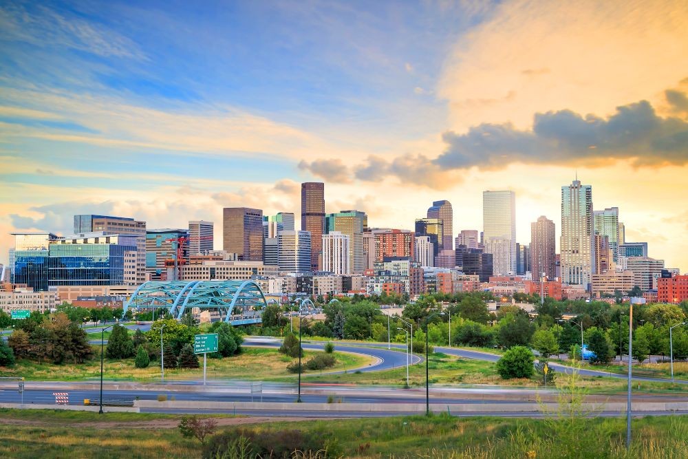 Denver skyline and sunset.