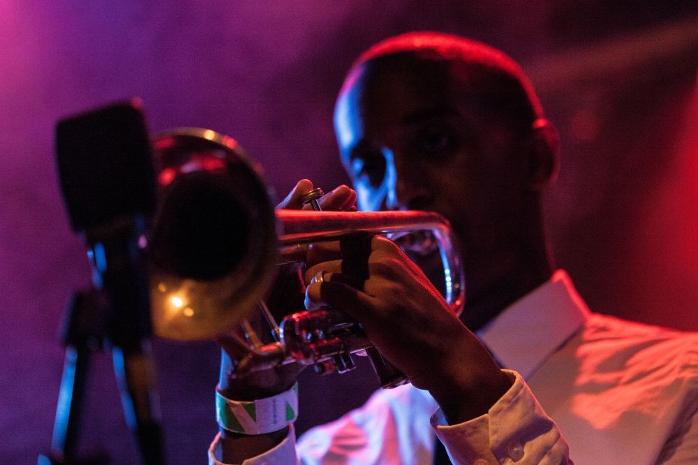 A man plays the trumpet at The Blue Room in Kansas City