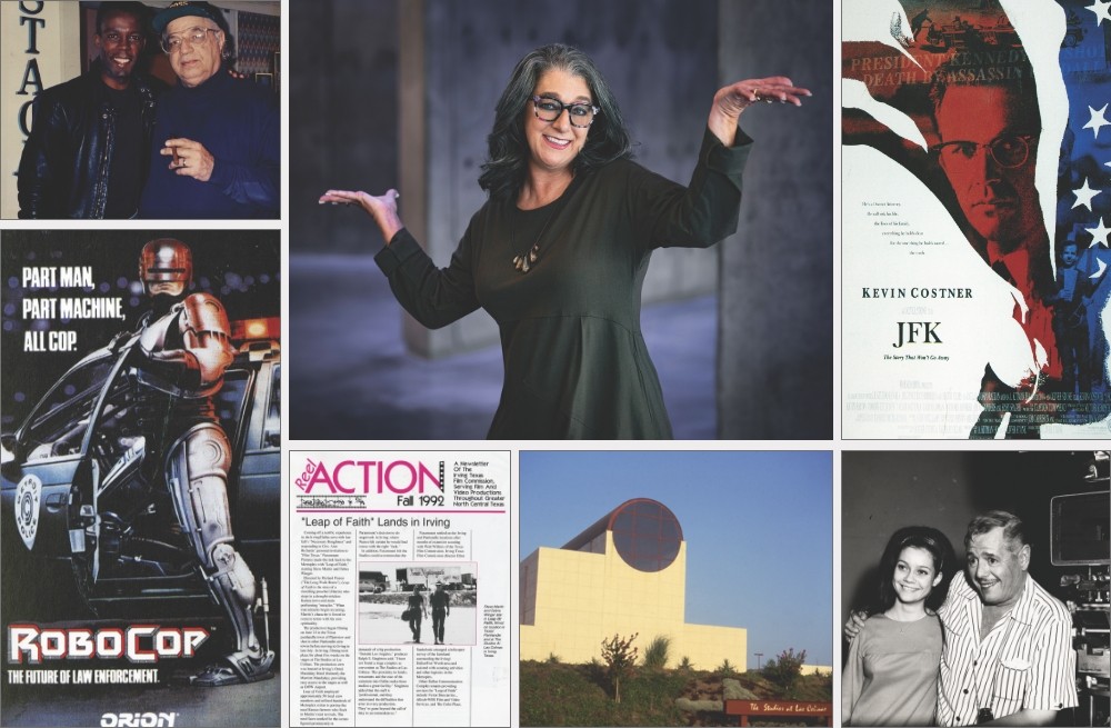 Collage of photo of Maura Gast, with her arms outstretched, with vintage photos of Irving's film studio history.