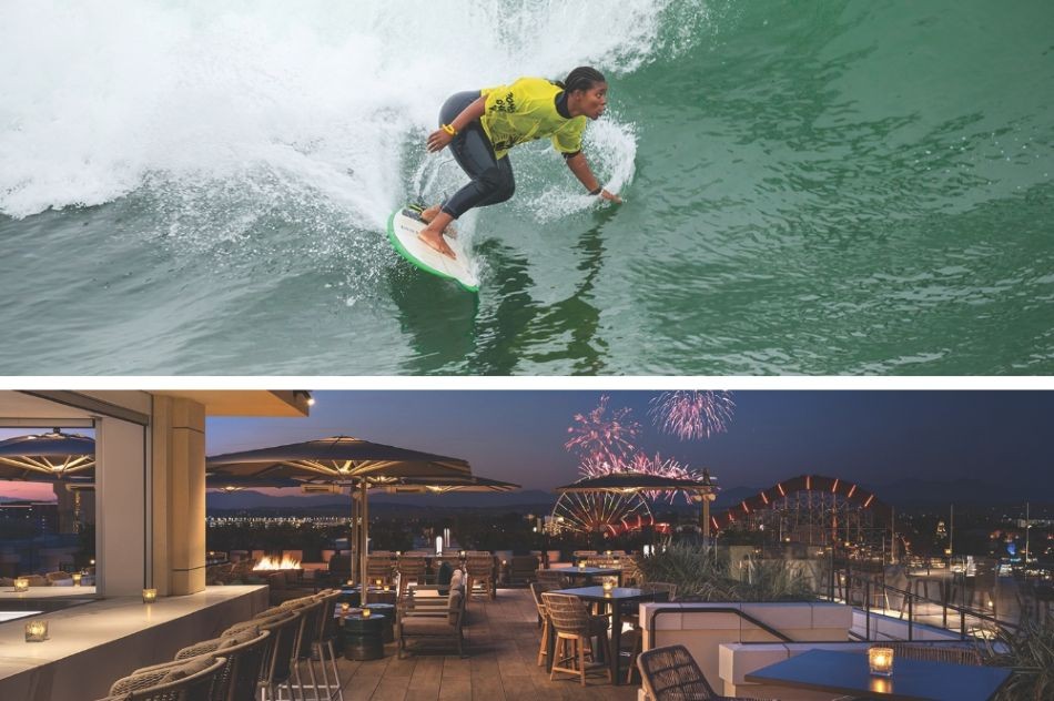 Photo of a surfer in a yellow shirt above and RISE rooftop restaurant with fireworks in the background on the bottom.