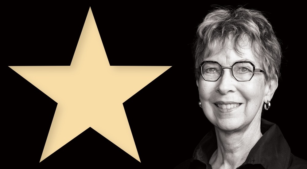Illustration of a large star on the left and photo of Patricia Sharpe on the right.