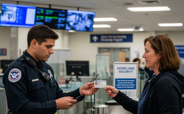 woman getting ID checked at airport security checkpoint