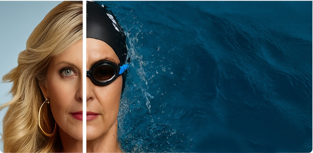 Photo illustration of Deborah Gardner, with one side of her face in as a typical headshot and the other wearing swimming goggles, with blue water to the right.