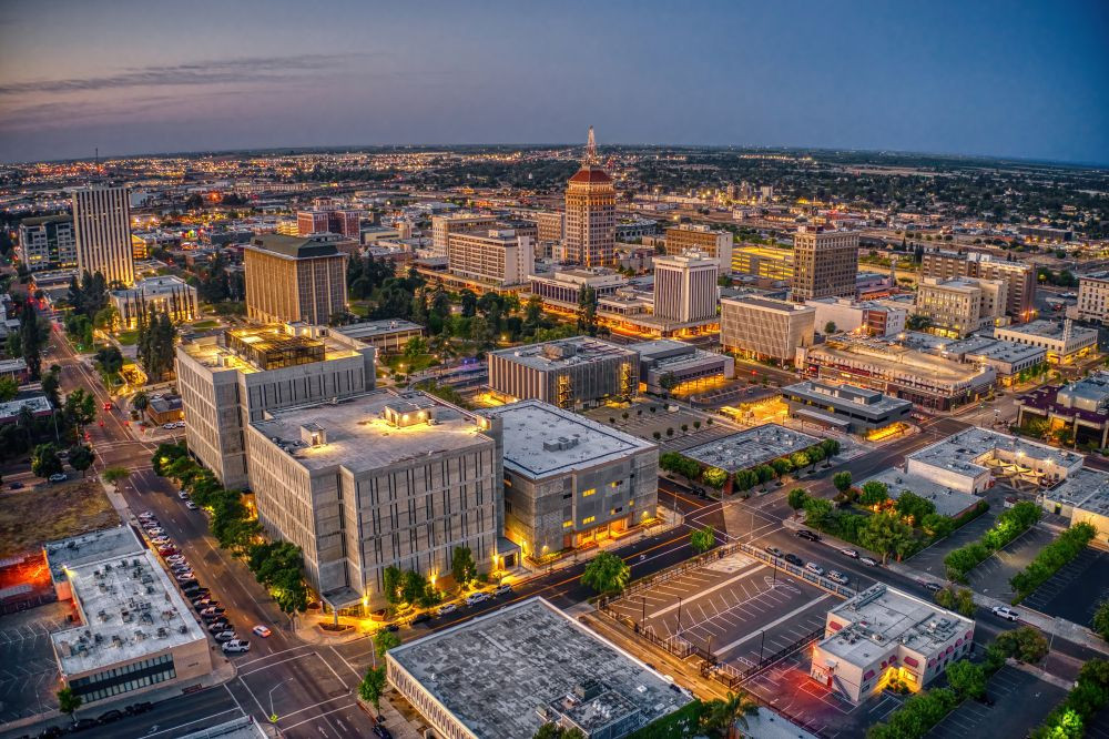 Aerial view of the Fresno, California skyline at dusk.